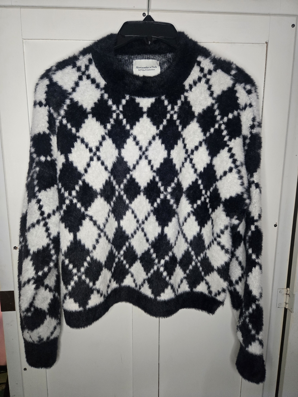 Abercrombie & Fitch Soft A&F Black and White Argyle Fuzzy Turtleneck Sweater S
